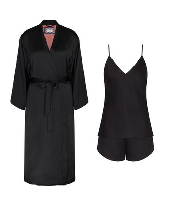 Komplet zmysłowej kolekcji nocnej: Szlafrok Robes Satin Robe 01 + Piżama damska Silky Sensuality PSW X